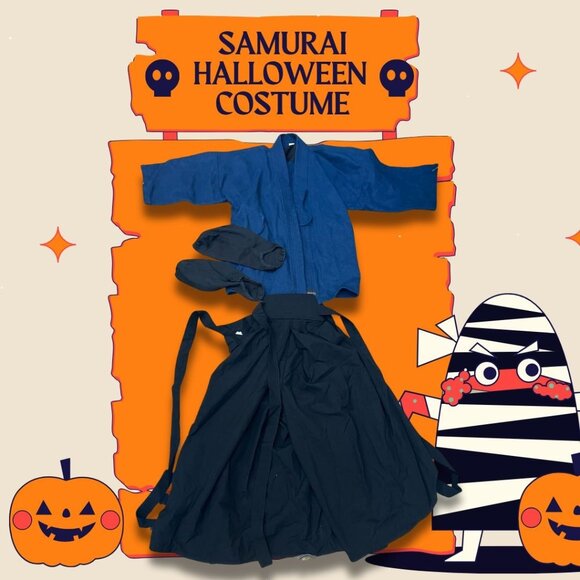 Samurai Halloween Costume Set With Blue Kimono Black Hakama Pants Tabi Socks & S - Picture 1 of 9